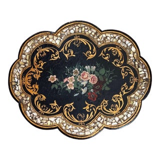Antique 19th C Floral, Gold Gilt, Mother of Pearl, Papier Mache Scalloped TableTop/Wall Hanging 22"x18" 1880''s For Sale
