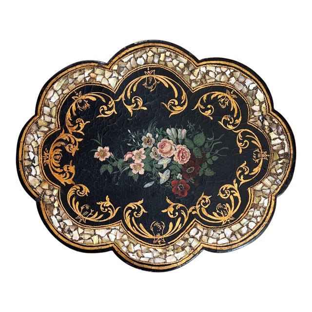 Antique 19th C Floral, Gold Gilt, Mother of Pearl, Papier Mache Scalloped TableTop/Wall Hanging 22"x18" 1880''s For Sale