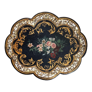 Antique 19th C Floral, Gold Gilt, Mother of Pearl, Papier Mache Scalloped TableTop/Wall Hanging 22"x18" 1880''s