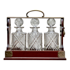 Antique English Edwardian Betjemann’s Cut Crystal Three Bottle Tantalus C. Early 20th Century