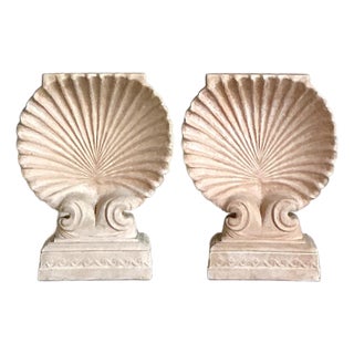 Vintage Coastal Cast Concrete Clam Shell Pedestals - A Pair For Sale
