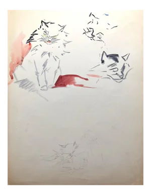 Marie Paulette Lagosse, Cats, Watercolor and Pen, 1948