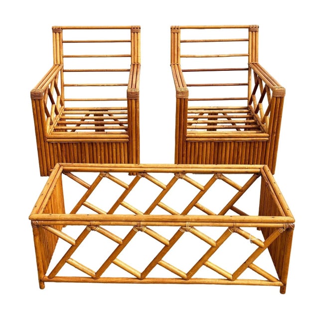 Heywood Wakefield "Oak Rattan" Lounge Chair Pair W/ Coffee Table For Sale - Image 10 of 13