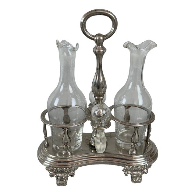 Silver-Plated and Fine Crystal Oil and Vinegar Set, 1960s, Set of 3 For Sale