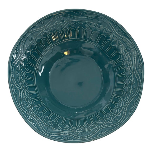 Late 20th Century La Ceramica Embossed Large 16” Robin Egg Blue Serving Bowl, Made in Italy For Sale