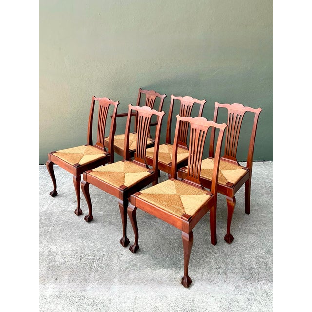 Brown Vintage Chippendale Rush Seat Dining Chairs - Set of 6 For Sale - Image 8 of 12