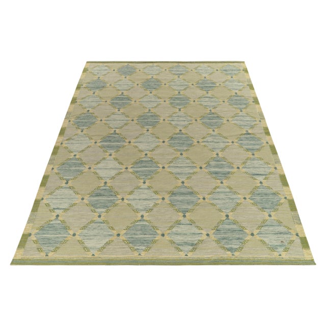 Mid-Century Modern Rug & Kilim's Scandinavian Style Custom Kilim Rug in Blue and Green Trellises - 6'x9' For Sale - Image 3 of 7