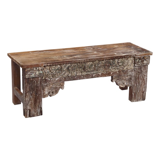 Bench Constructed From Recycled Indian Carved Elements and Reclaimed Wood For Sale