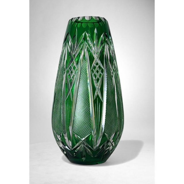 Biedermeier Bohemian Biedermeier Style Cut and Polished Green Crystal Vase For Sale - Image 3 of 18