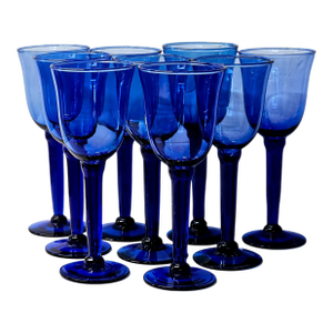 Late 20th Century Mexican Handblown Cobalt Blue Stem Glasses, Set of 9