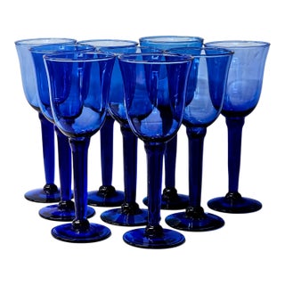 Mexican Handblown Cobalt Blue Stem Glasses, Set of 9, Late 20th Century For Sale
