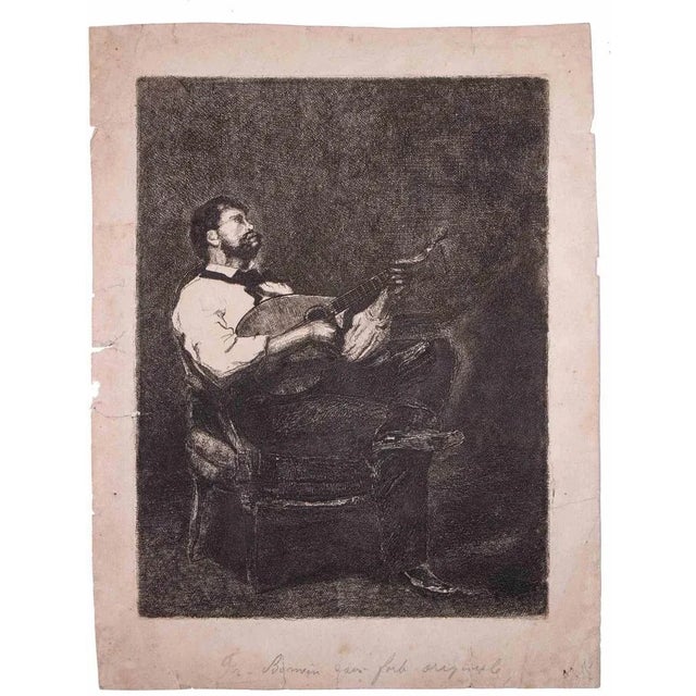 François Bonvin, Guitar Player, Original Etching, 1861 For Sale - Image 3 of 3