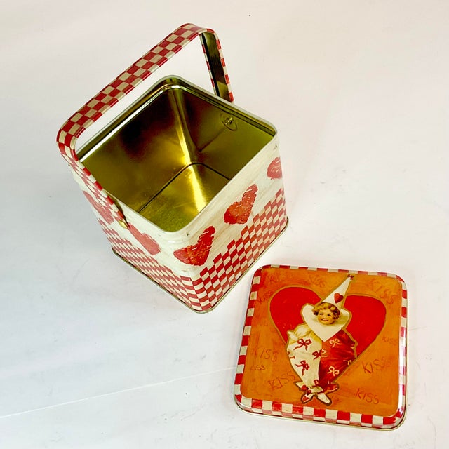 1970s Vintage Boho Chic Valentine Child Clown Heart Tin Box With Handle For Sale - Image 6 of 7