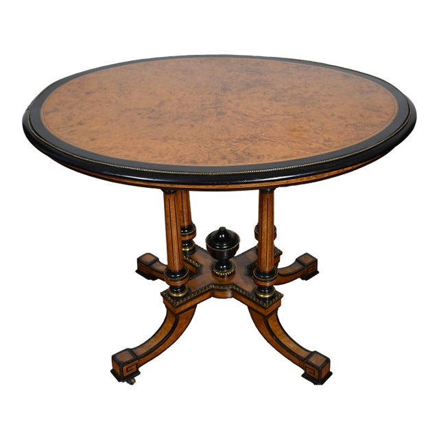 19th Antique Victorian Oval Center Table With Burl Wood Walnut Top & Ebonized Accents For Sale