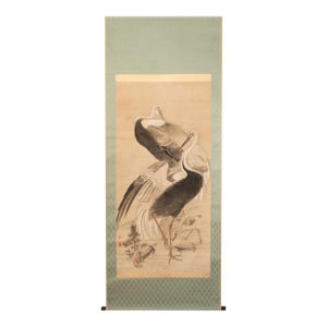 XL 1910 Meiji Era Japanese Painted Monochrome Scroll "Cranes and Turtles"