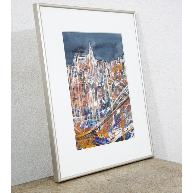 Textured abstracted cityscape Painting, unknown artist. Framed Piece. Age: C 1970-1980