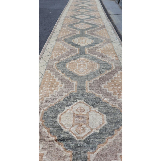 Textile Long Turkish Oushak Runner With Soft Green Field and Beige Medallions For Sale - Image 7 of 16