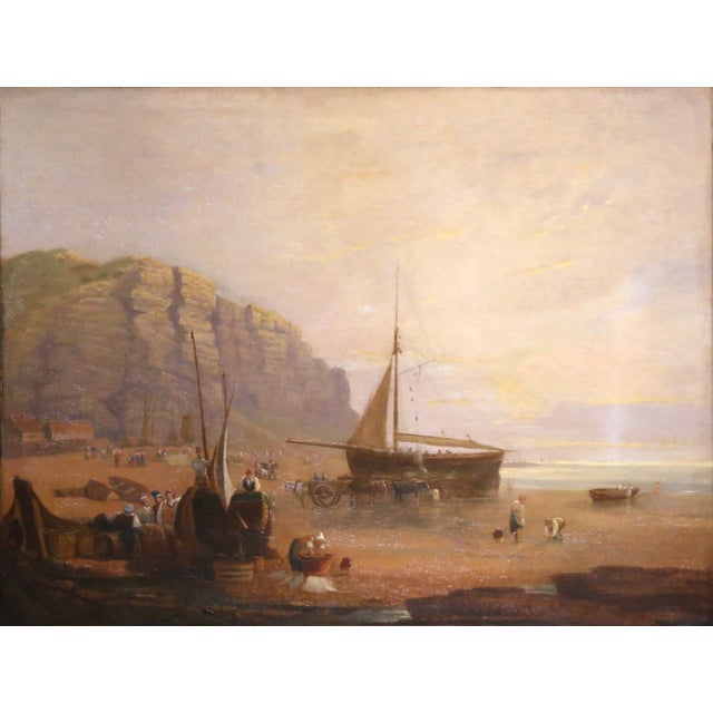 Coastal Mid-19th Century English Coastal Fishing Scene Oil Painting in Giltwood Frame For Sale - Image 3 of 10