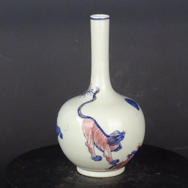 Chinese Vintage Ceramic Vase,Blue and White Underglaze Red Porcelain Gall-Shaped Vase Hand Painted Kylin Pattern For Sale - Image 4 of 7
