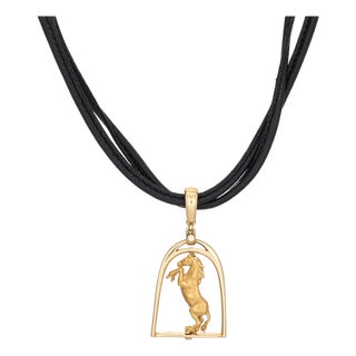 Carrera Y Carrera Horse Diamond Necklace 18k Gold Leather Chain Jewelry 2000s For Sale