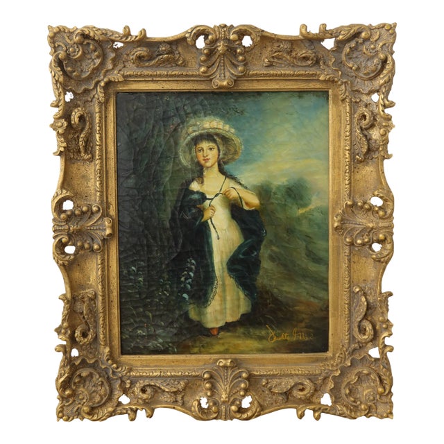 Woman W. Bonnet in Field Framed Oil Painting on Canvas For Sale