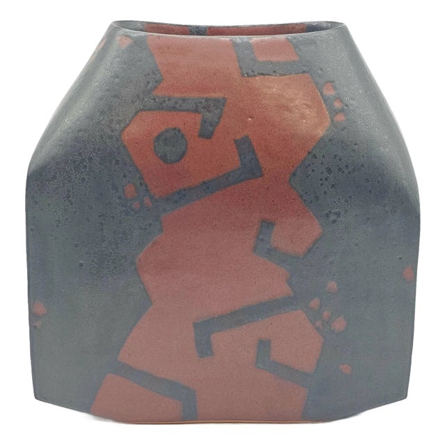 Morino Taimei Studio Pottery Flat Jar – Rust & Black Geometric Glaze, Signed For Sale