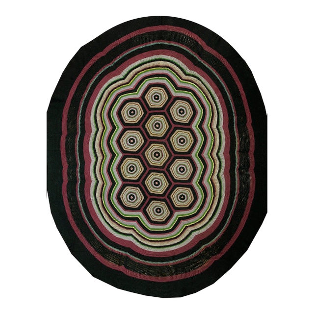 Oval Shape Hexagonal Geometric Modernist Design Antique American Folk Art Braided Rug For Sale