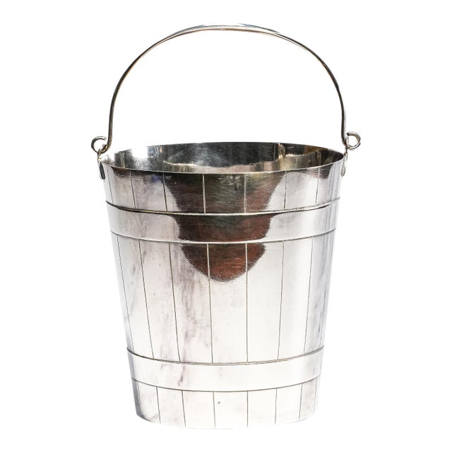 Charming Antique English Silverplate Ice Bucket Novelty Coopered Pail Original Strainer Edwardian Barware Home Decor For Sale