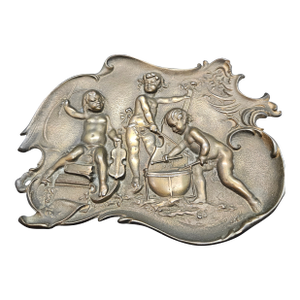 Antique Putto Angel Musicians Rococo Metal Wall Plaque