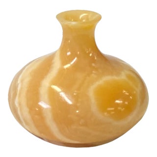 Natural Yellow Brown Stone Carved Fat Round Shape Display Vase For Sale