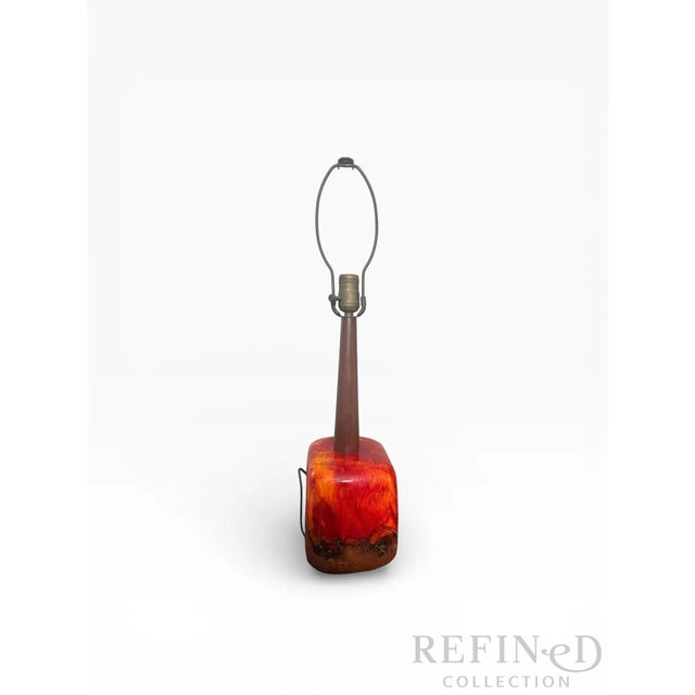 Poole Pottery Pair of Mid-Century Modern Lava Glaze Ceramic Table Lamps Attributed to Poole Pottery, Walnut Necks, 26” H, Circa 1960s–1970s For Sale - Image 4 of 16