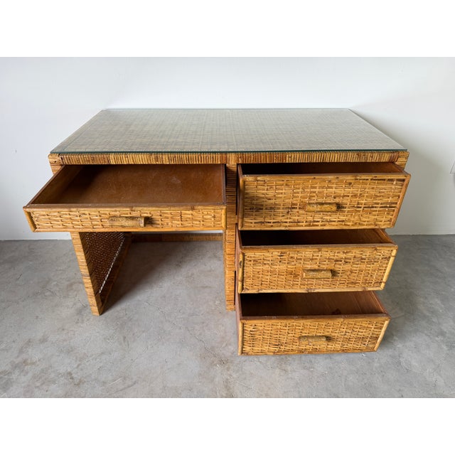 Brown 1970's Vintage Boho Coastal Wrapped Rattan Writing Desk For Sale - Image 8 of 18