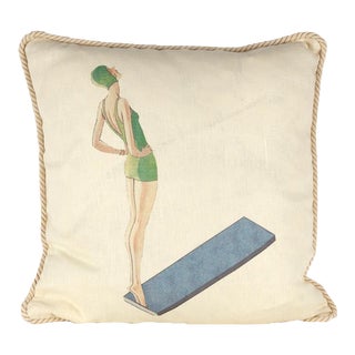 Diver in Green Linen Pillow For Sale
