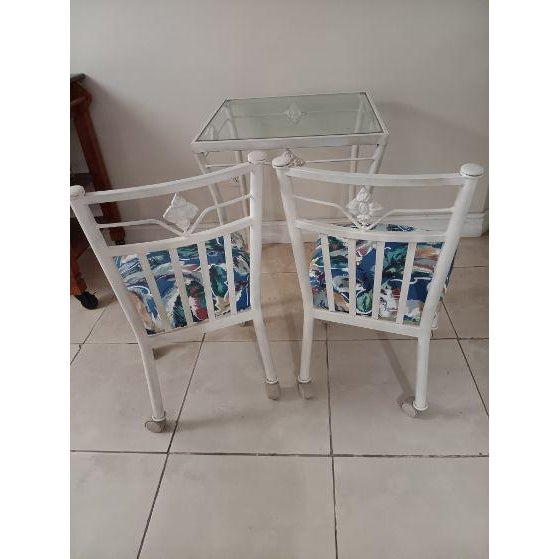 Metal Dining Patio Set Square Table Glass Top White Chairs on Wheels Set of 3 Style: Traditional Color: White Dimensions:...