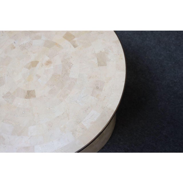 Beige Vintage Maitland Smith Drum Accent Table in Tessellated Stone With Brass Inlay For Sale - Image 8 of 12