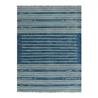 Rug & Kilim's Contemporary Dhurrie Rug in Blue and Off-White Stripes - 9x12 For Sale