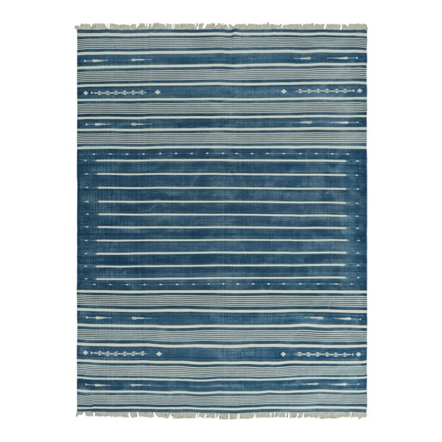 Rug & Kilim's Contemporary Dhurrie Rug in Blue and Off-White Stripes - 9x12 For Sale