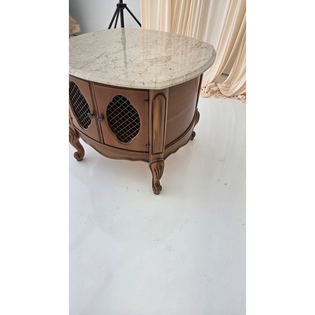 Vintage French Provincial Drum Table With Metal Mesh Cabinet Doors. Made in Italy For Sale - Image 16 of 18