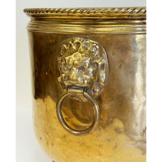 Brass Antique Hammered Brass Planter Cachepot W/ Lion Head Handles For Sale - Image 8 of 9