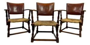 Oak Armchairs with Rush and Leather Seats, 1940s, Set of 3