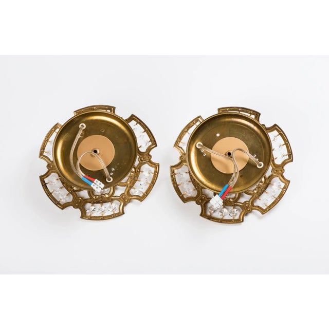 1970s Brass & Crystal Ceiling or Wall Flush Mount Fixture - Set of 3 For Sale - Image 6 of 8