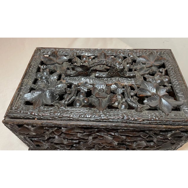 Wood Antique Hand Carved German Black Forest Wood Reticulated Floral Dresser Box For Sale - Image 7 of 17