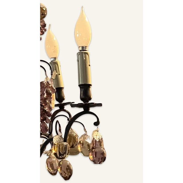 One Murano Hollywood Regency Chandelier with Smoke, Amber and Amethyst colored fruit prisms on an oil rubbed bronze and...