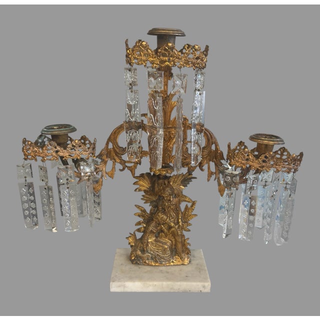 Victorian Antique Victorian Three Piece Girandole Candelabra Set With Etched Prisms For Sale - Image 3 of 10