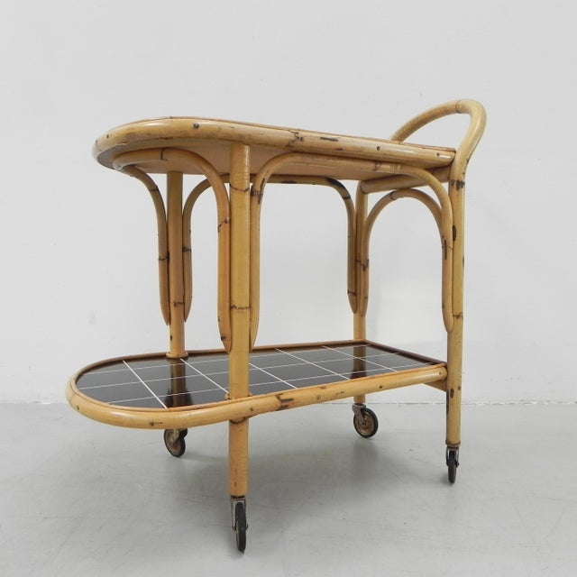 Wood Bamboo Serving Trolley on Castors, 1950s For Sale - Image 7 of 18