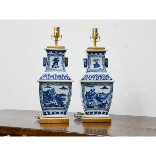 1920s Blue and White Porcelain Table Lamps, Asian - Pair For Sale - Image 9 of 11