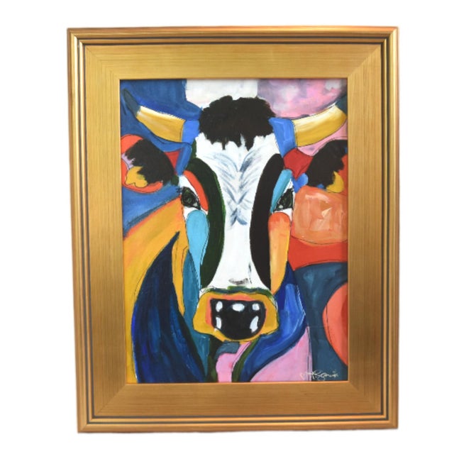 2020s Bold Picasso Style Bull Cow Portrait Painting Including the Antiqued Gold Wood Frame For Sale - Image 5 of 5