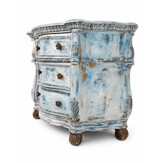 2000 - 2009 Vintage Distressed Blue Dresser | Hand-Painted 3-Drawer Chest | Shabby Chic French Country | Carved Details | Maison Martine | One of a Kind For Sale - Image 5 of 12