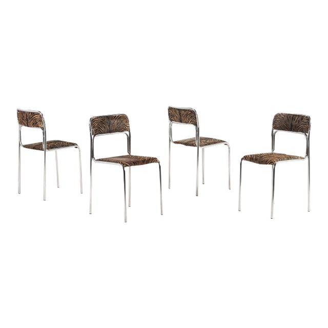 Italian Mid Century Modern Stacking Chrome Chairs with Hair On Hide Seats Attributed to Otto Gerdau, Italy, circa1970's - Set of 4 For Sale