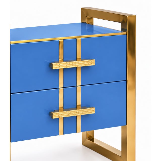 Cornflower Blue Glass Nightstands with Brass Frames and Drawers from Justfurnituress SRL, Set of 2 For Sale - Image 6 of 10